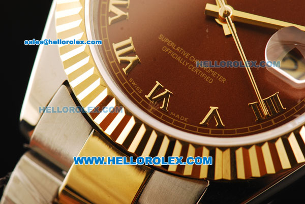 Rolex Datejust II Oyster Perpetual Automatic Movement Brown Dial with Gold Roman Numerals and Gold Bezel-Two Tone Strap - Click Image to Close